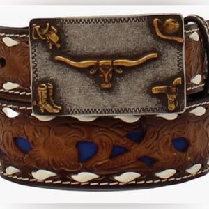 BOYS BLUE INLAYED LONGHORN BELT